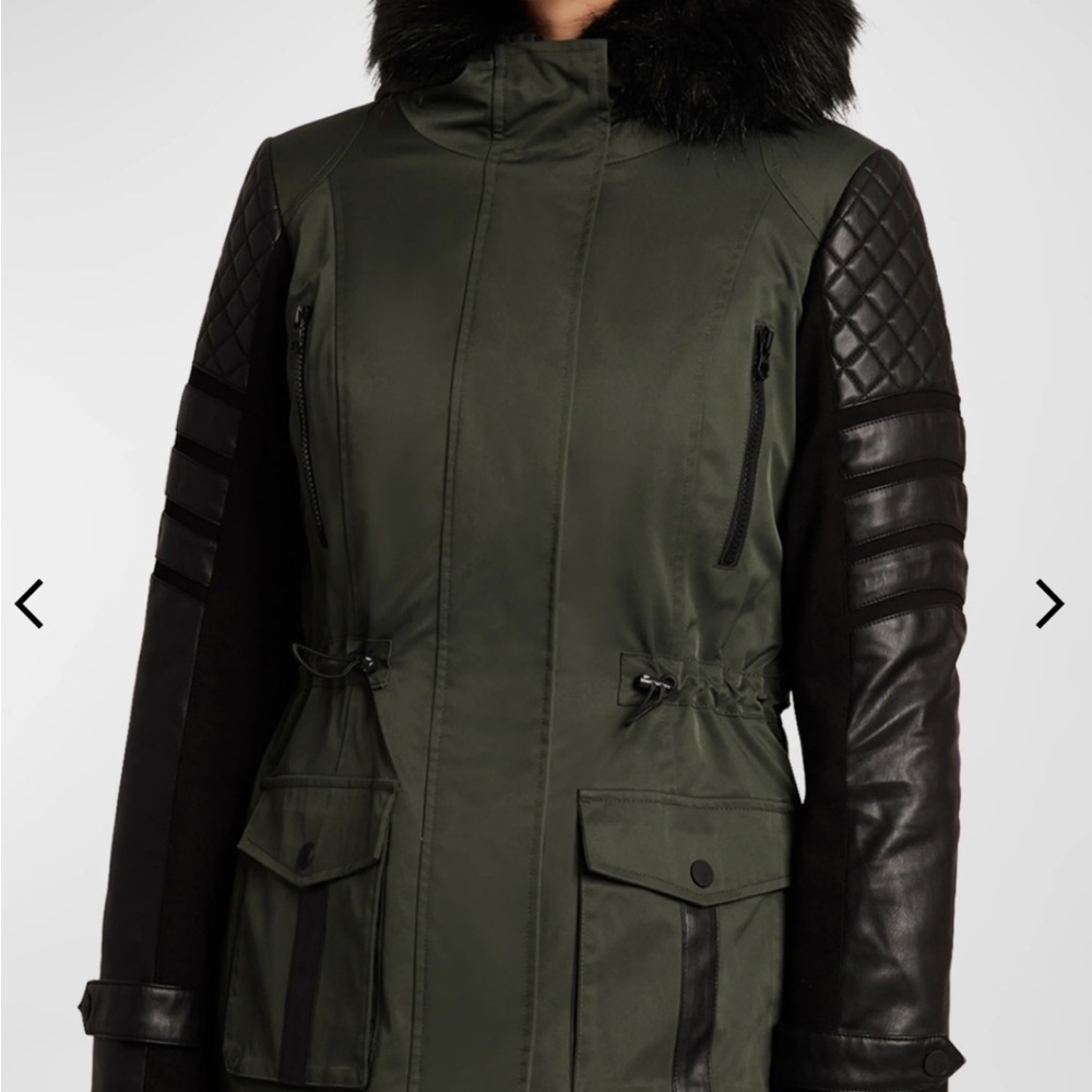 NWT blanc noir coat women small dark green faux fur with faux leather STUNNER - Picture 2 of 6